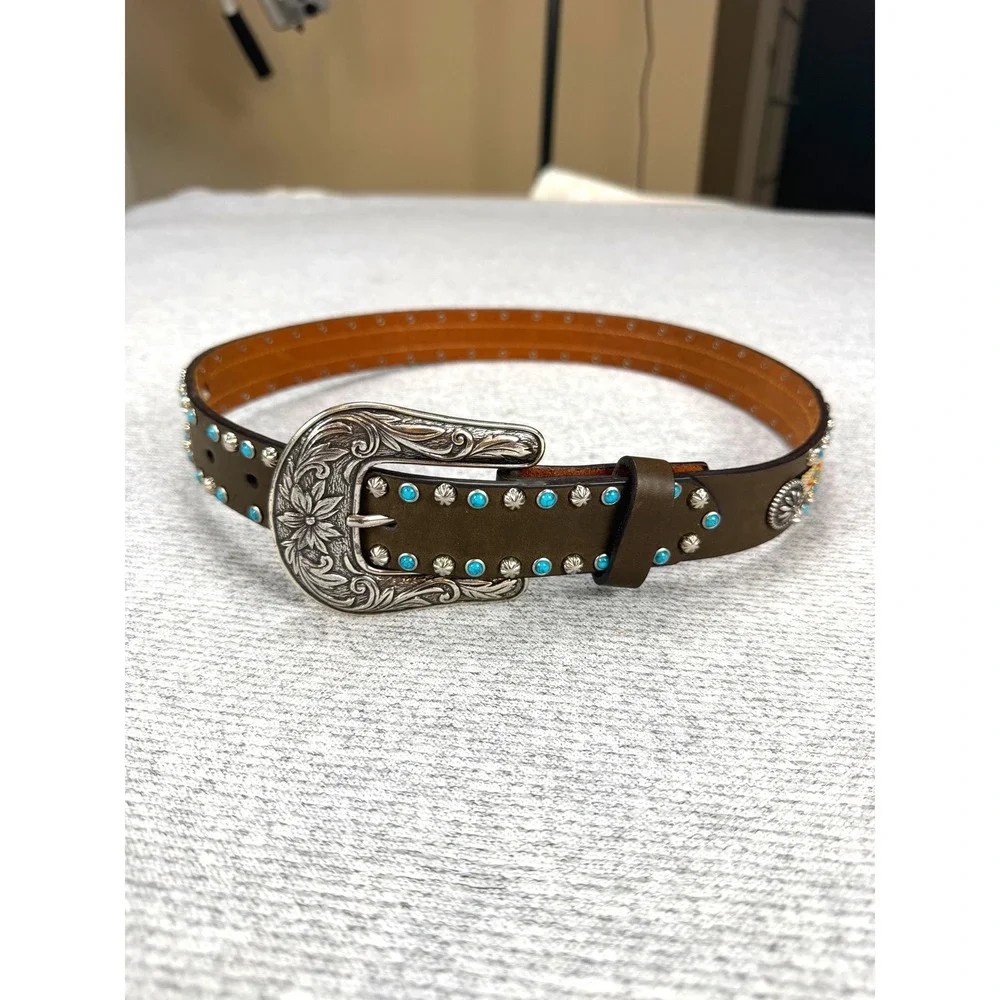 Nocona Belt Co Brown Leather Turquoise Studded Western Belt Size 28‎ N4435244